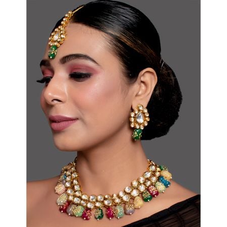 Multicolour Mirror Stone Choker Necklace Set with Handcrafted Bead Drops